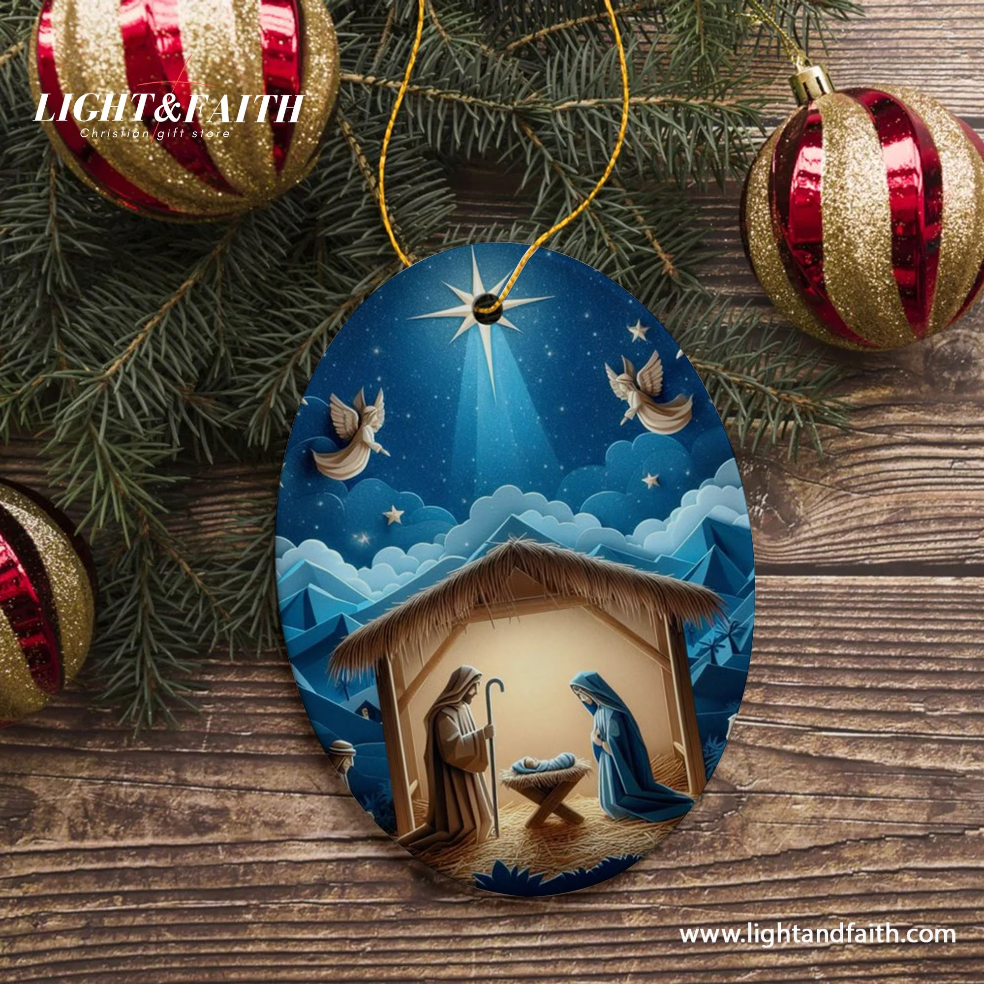 Nativity Scene Christmas Ornament, Holy Family Under Star of Bethlehem, Christian Holiday Decoration, Religious Xmas Tree Decor DCLAF33